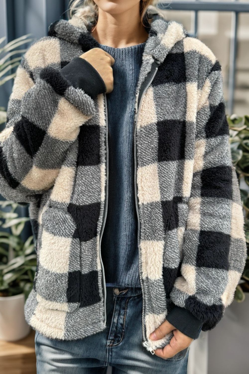 Cozy Plaid Long Sleeve Hooded Coat