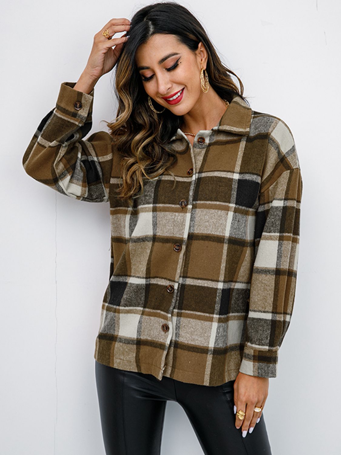 Fall in Bloom Plaid Button Up Collared Neck Shacket