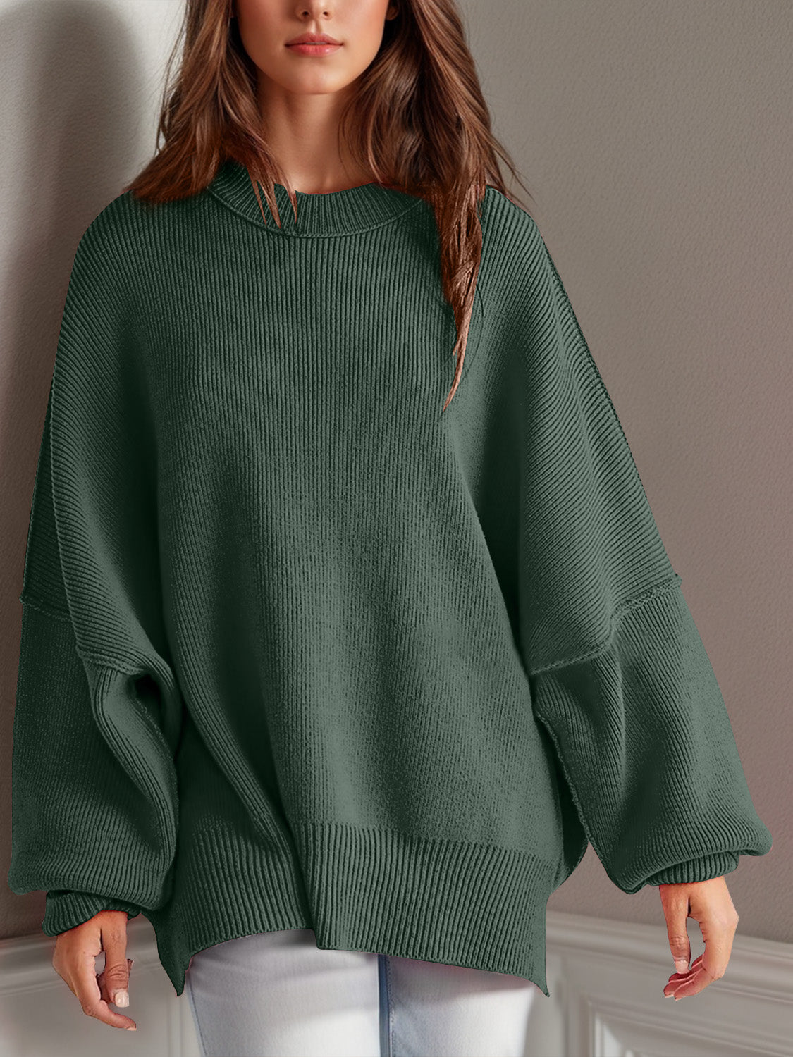 Double Take Side Slit Long Sleeve Sweater