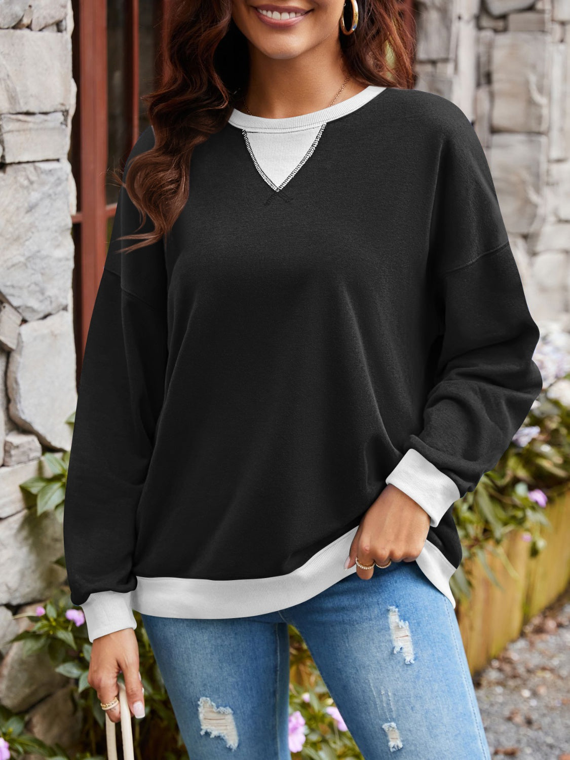 Vintage Vibes Contrast Round Neck Long Sleeve Top