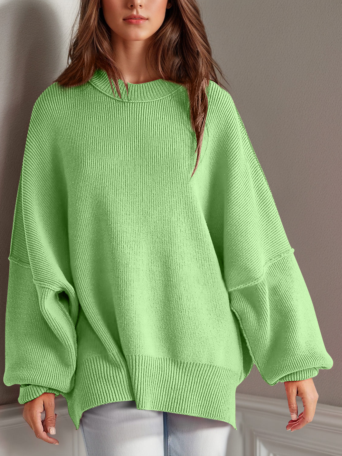 Double Take Side Slit Long Sleeve Sweater