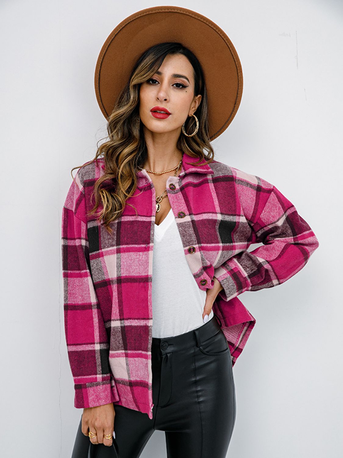 Fall in Bloom Plaid Button Up Collared Neck Shacket