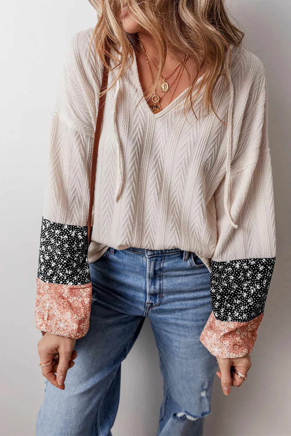 Boho Vibes Color Block Tie Neck Long Sleeve Top