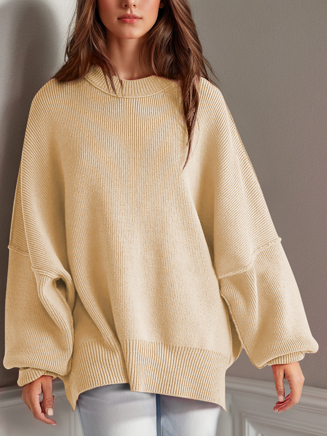 Double Take Side Slit Long Sleeve Sweater