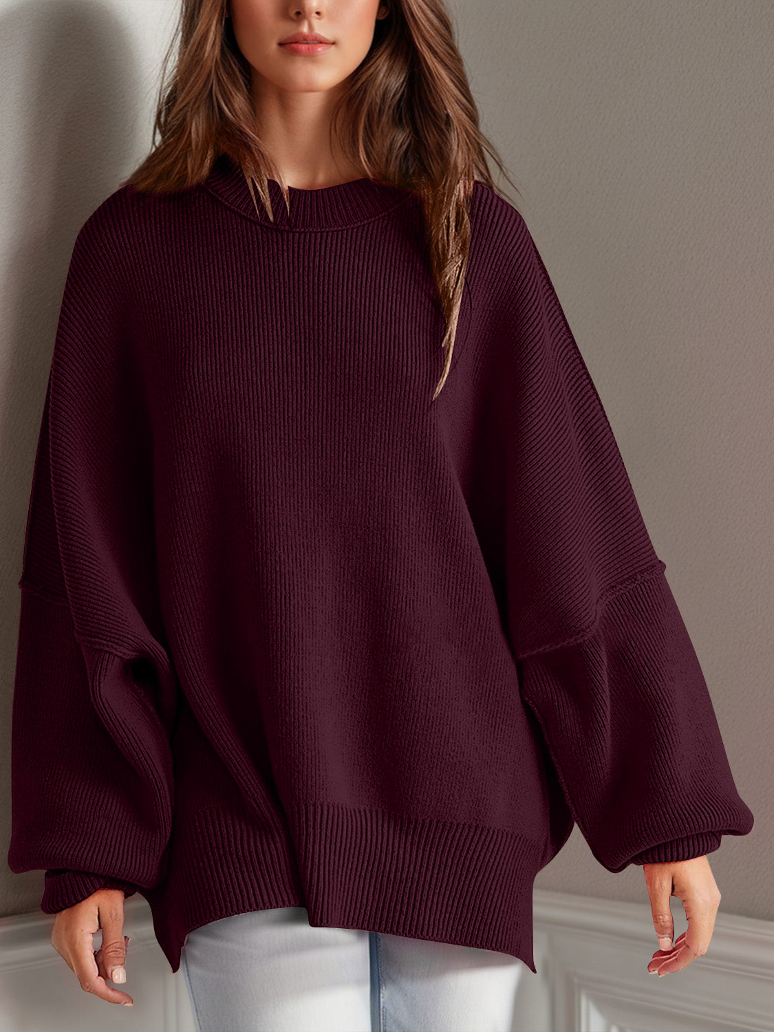 Double Take Side Slit Long Sleeve Sweater