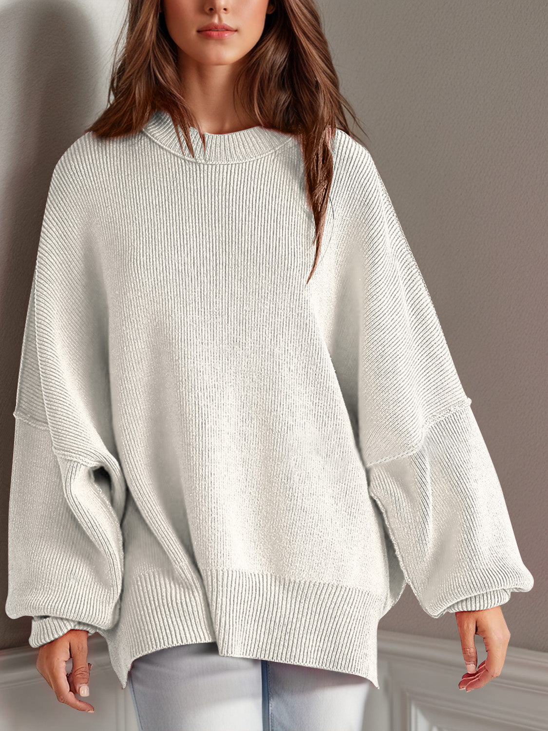 Double Take Side Slit Long Sleeve Sweater