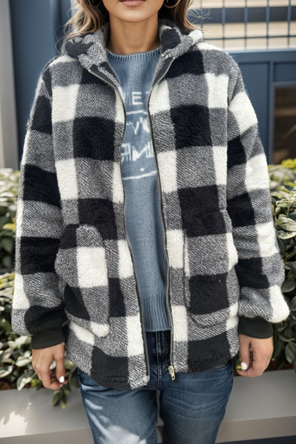 Cozy Plaid Long Sleeve Hooded Coat