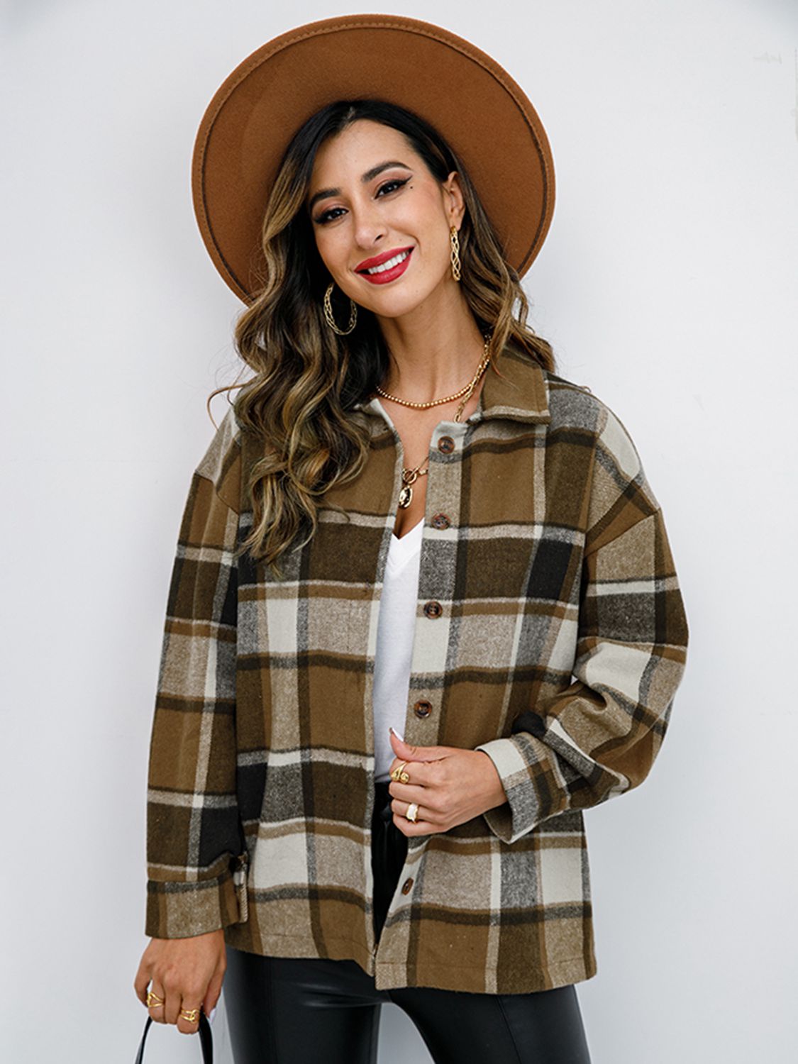 Fall in Bloom Plaid Button Up Collared Neck Shacket