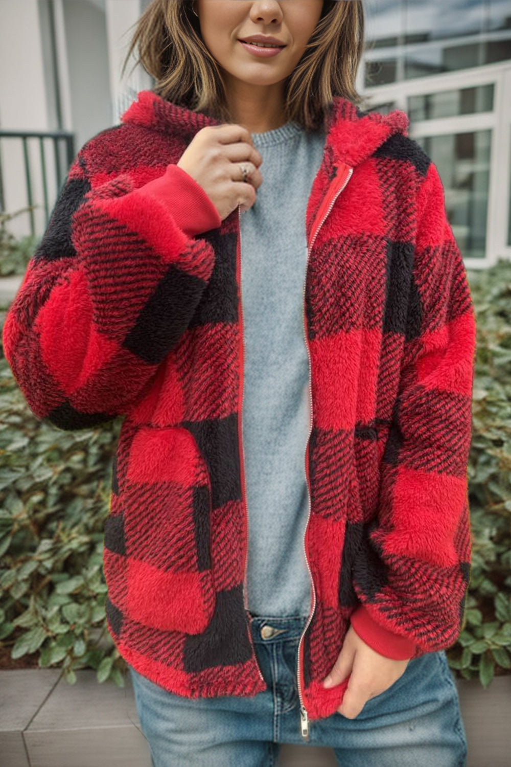 Cozy Plaid Long Sleeve Hooded Coat