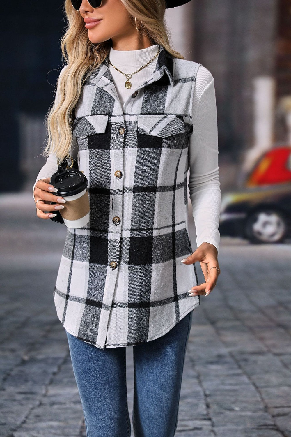 Festive Plaid Button Up Vest Coat