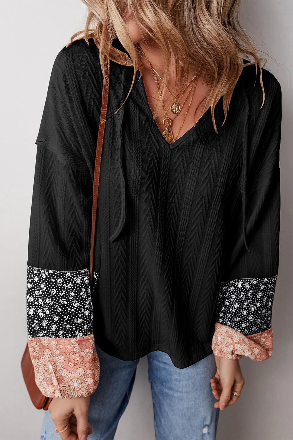 Boho Vibes Color Block Tie Neck Long Sleeve Top