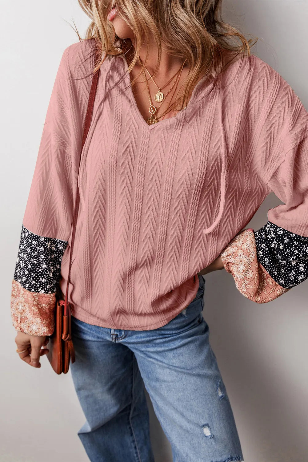 Boho Vibes Color Block Tie Neck Long Sleeve Top