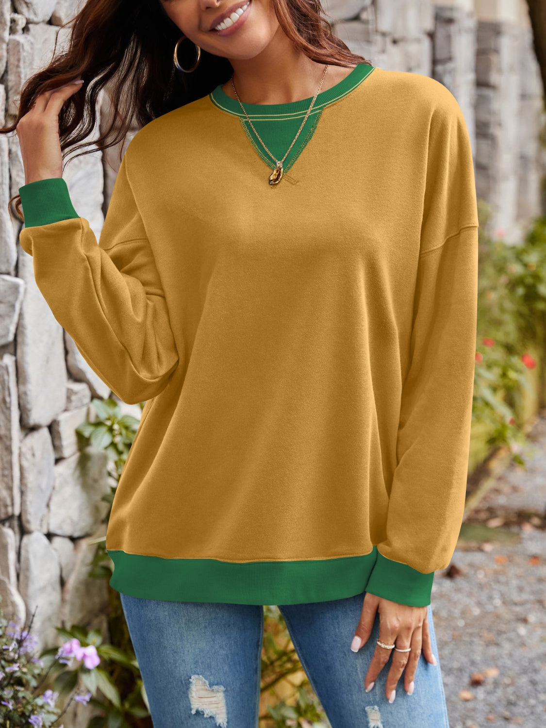 Vintage Vibes Contrast Round Neck Long Sleeve Top