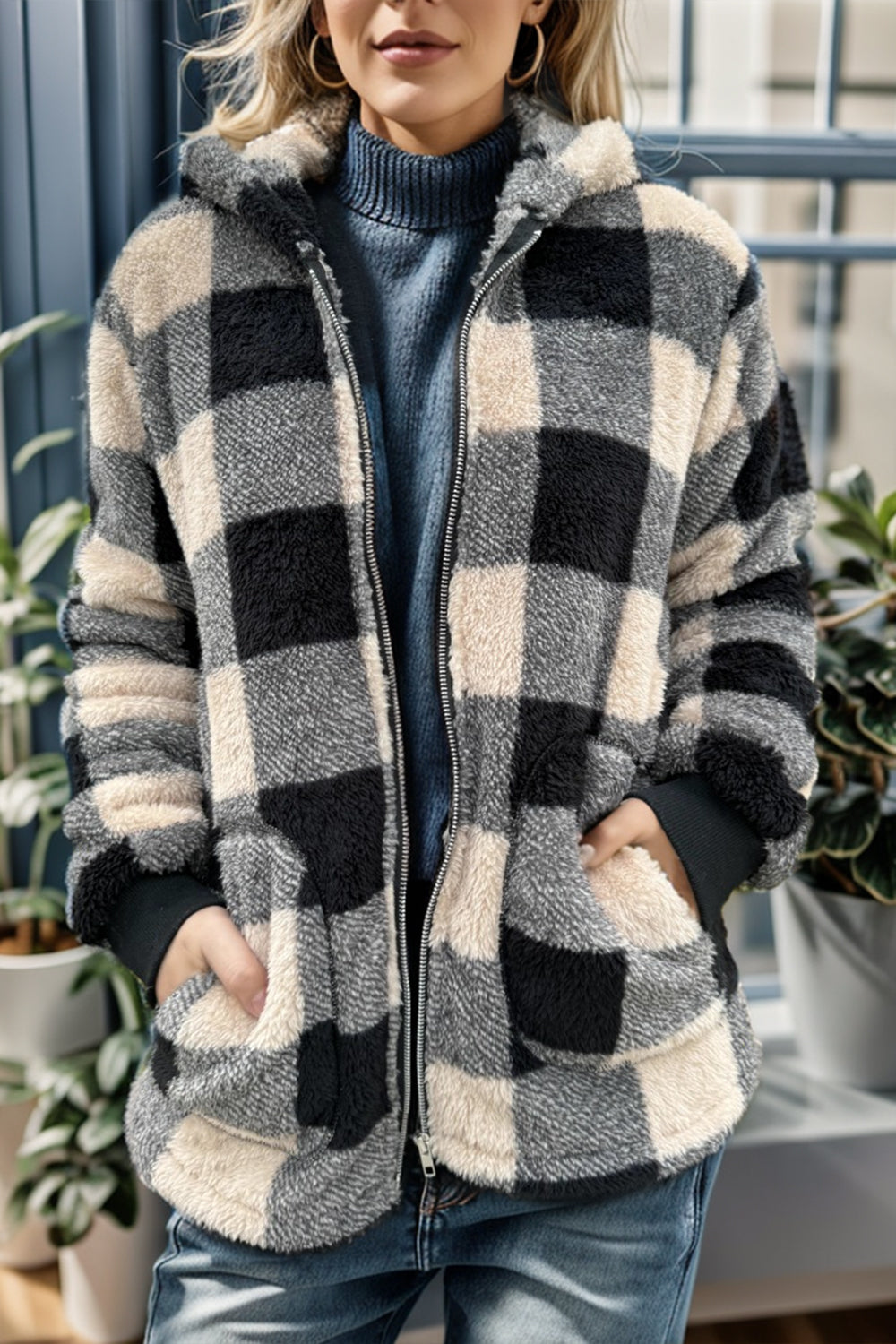 Cozy Plaid Long Sleeve Hooded Coat