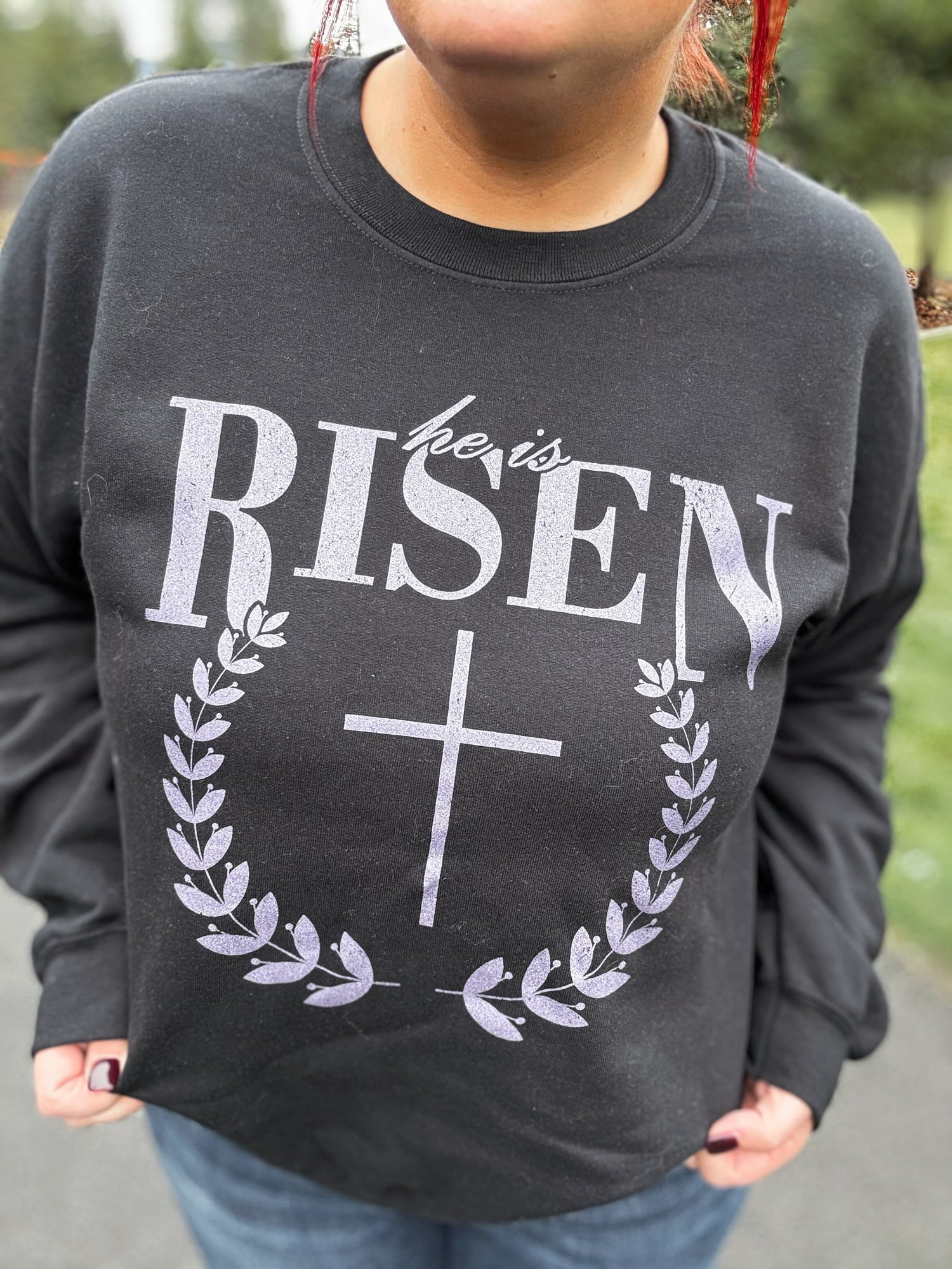 DOORBUSTER Risen graphic crewneck with purple glitter