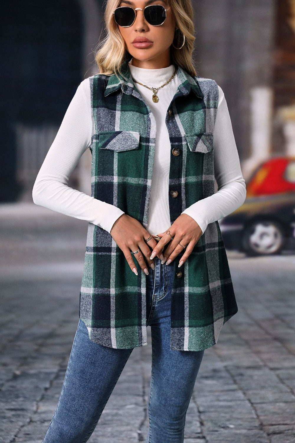 Festive Plaid Button Up Vest Coat