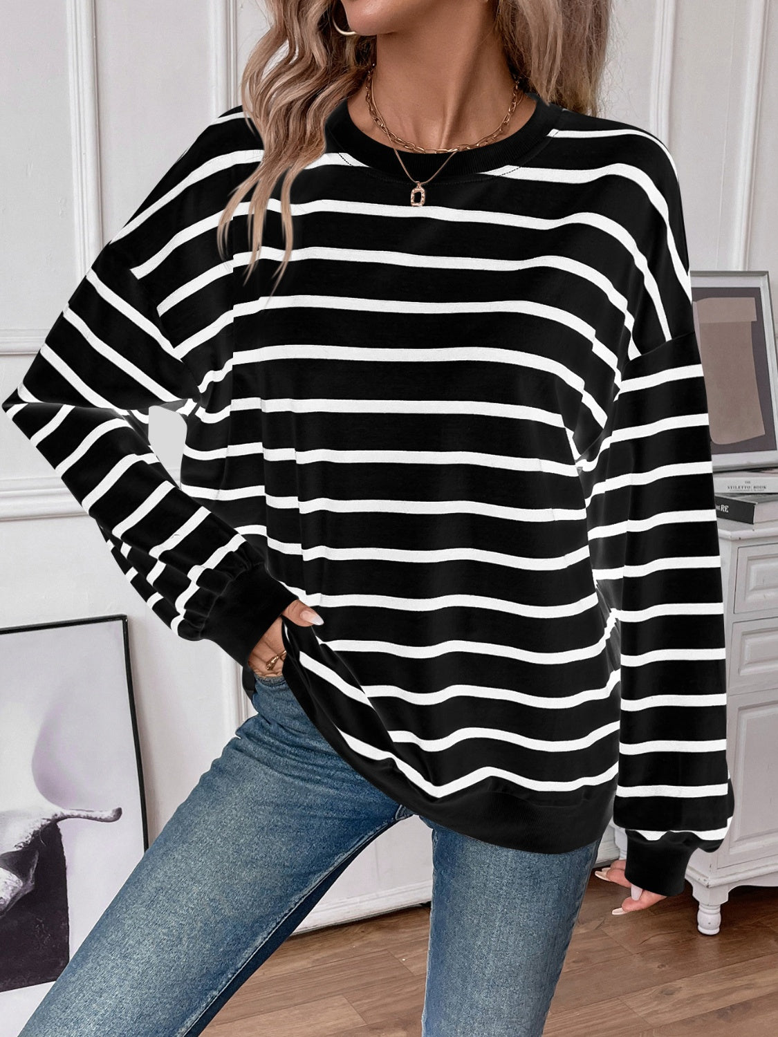 Elevated Everyday Striped Round Neck Long Sleeve Top