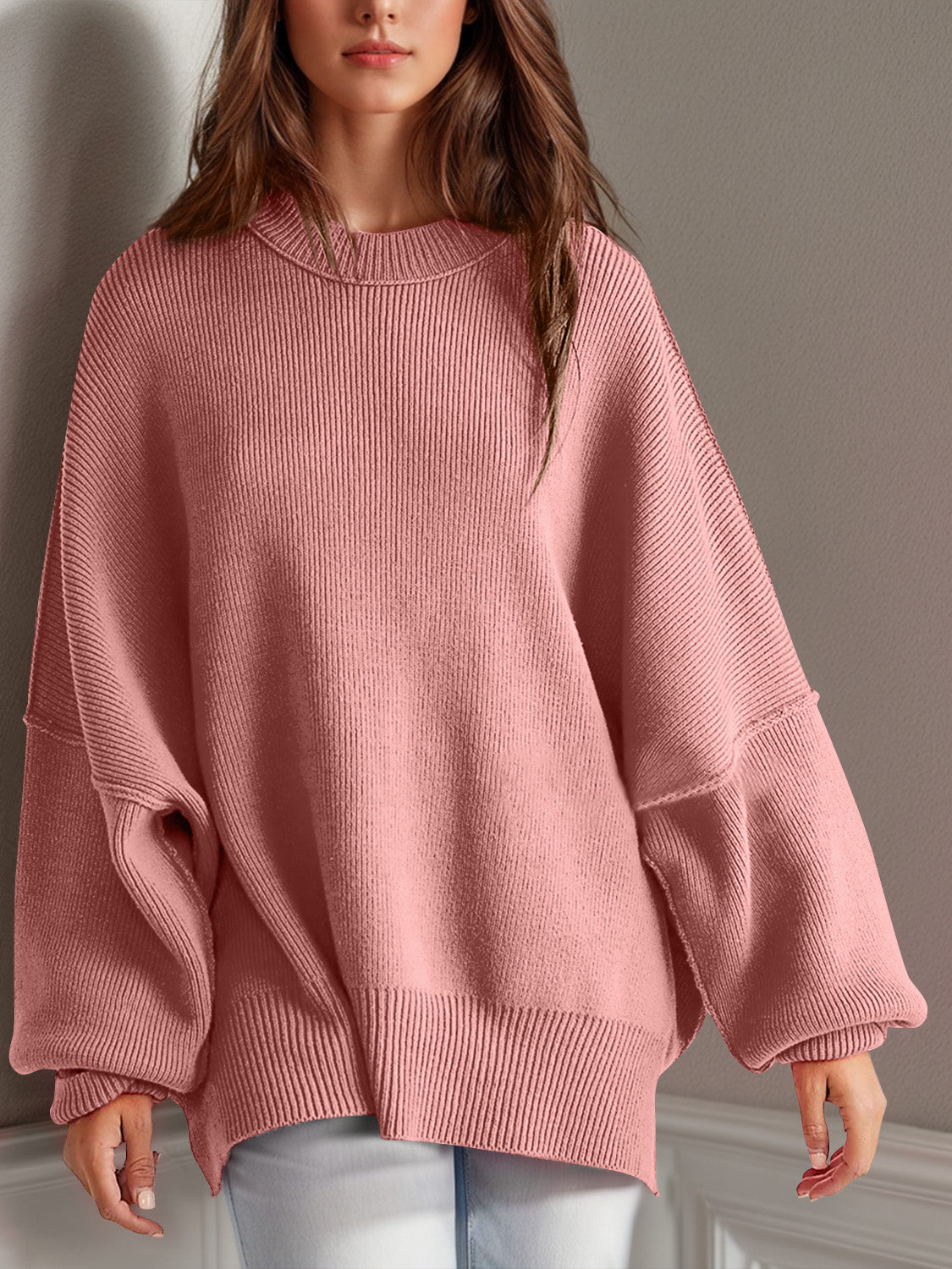 Double Take Side Slit Long Sleeve Sweater