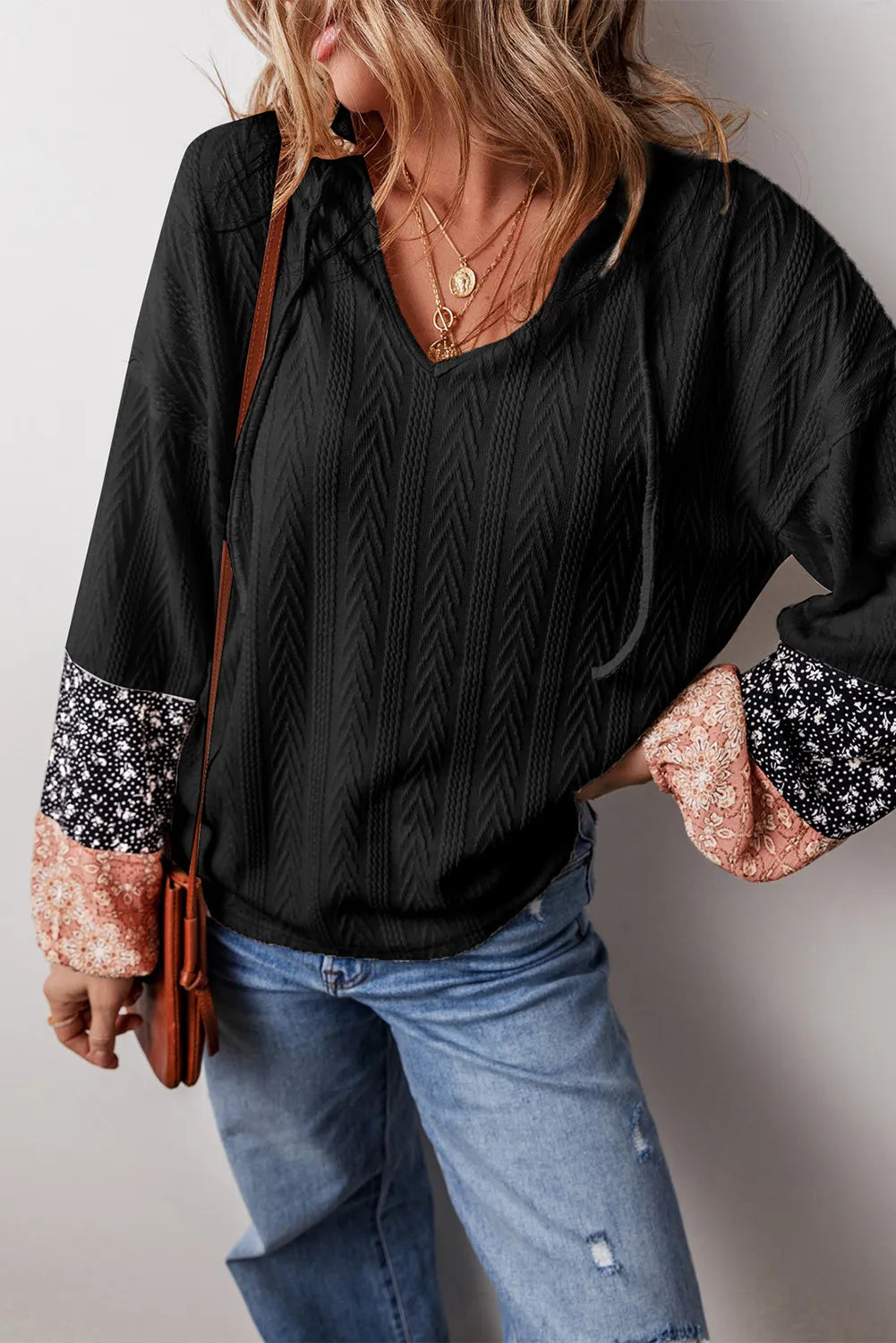 Boho Vibes Color Block Tie Neck Long Sleeve Top