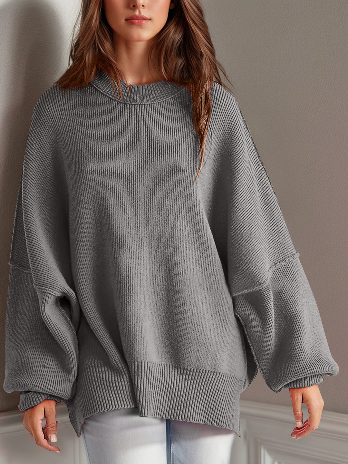 Double Take Side Slit Long Sleeve Sweater