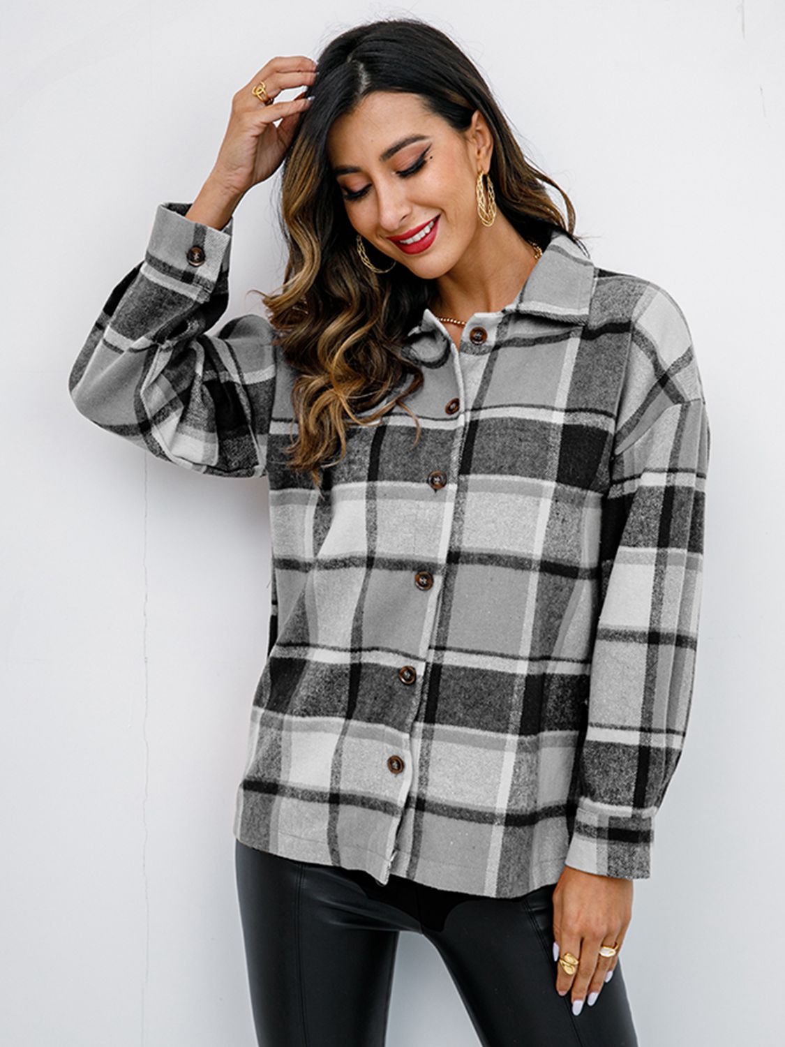 Fall in Bloom Plaid Button Up Collared Neck Shacket