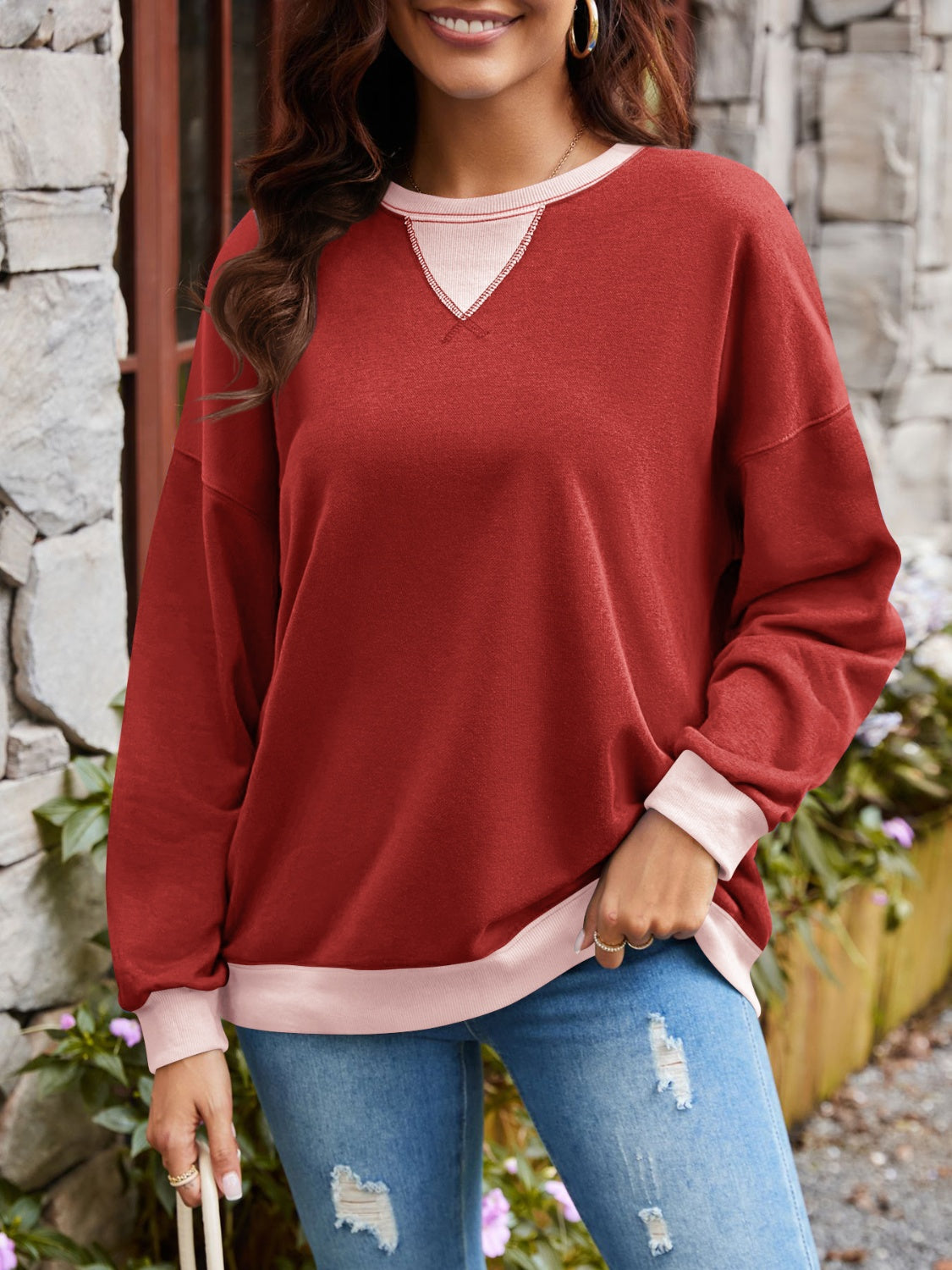 Vintage Vibes Contrast Round Neck Long Sleeve Top