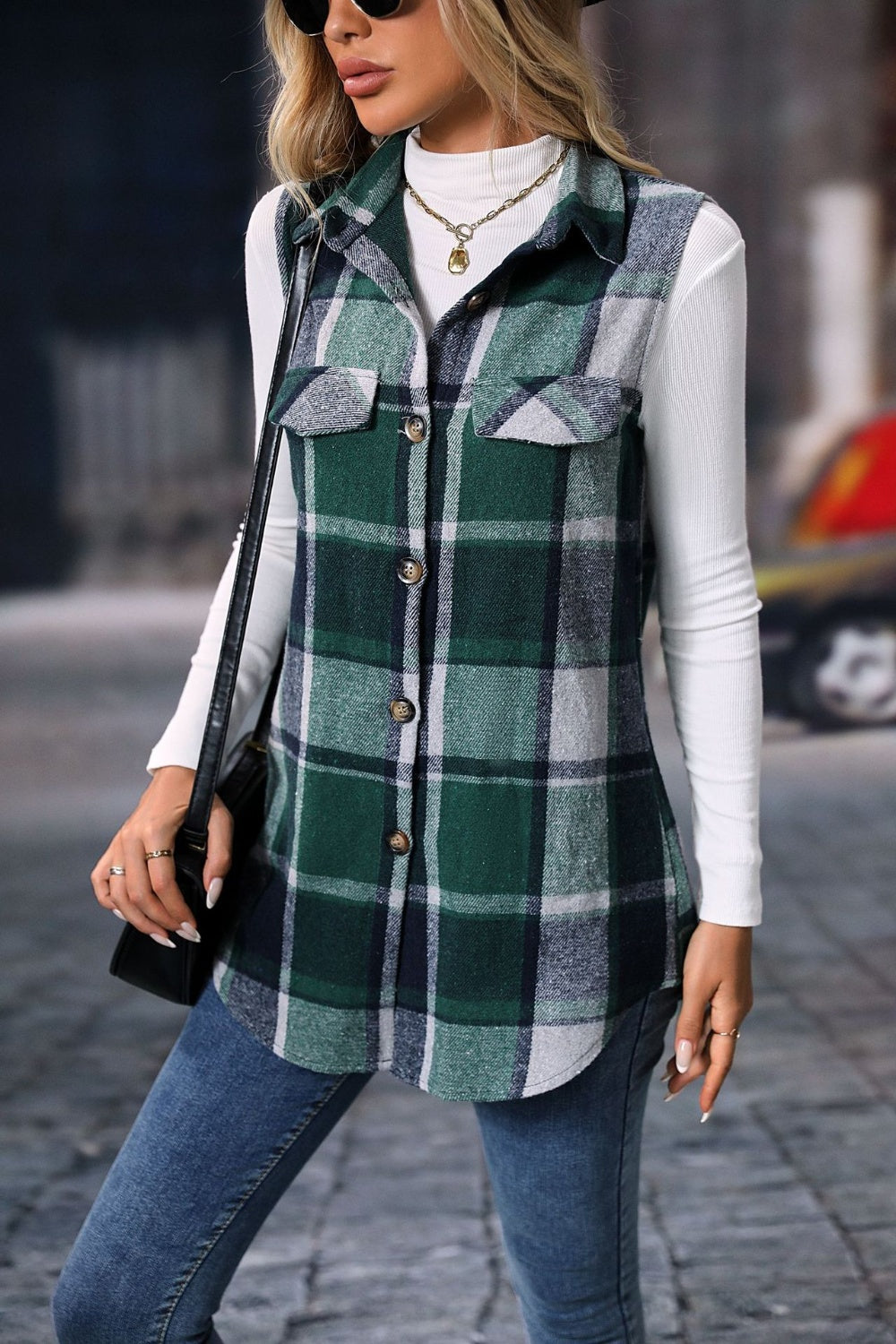 Festive Plaid Button Up Vest Coat