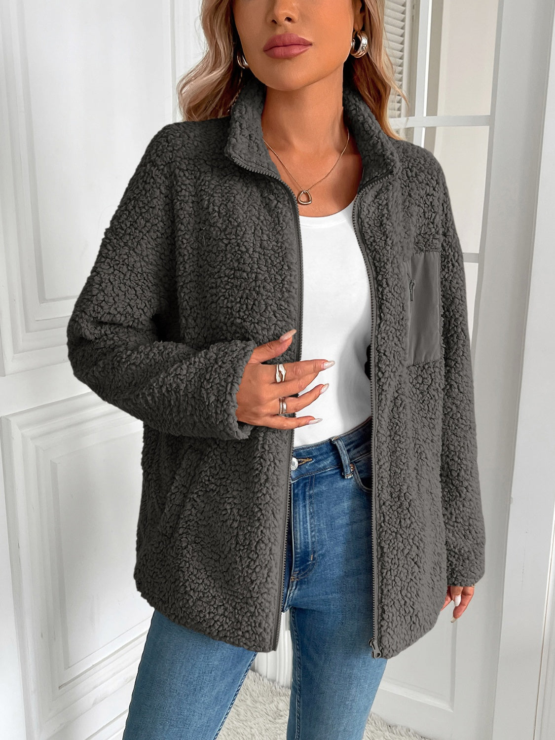 Wrap yourself in warmth Zip Up Long Sleeve Fuzzy Jacket