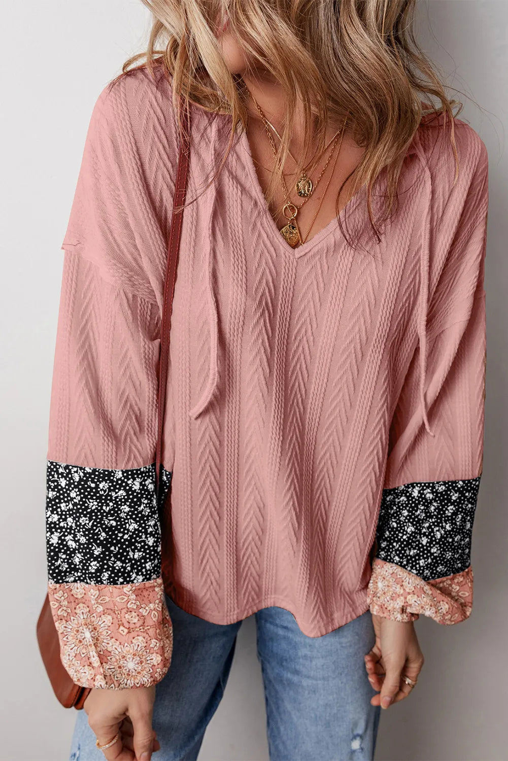 Boho Vibes Color Block Tie Neck Long Sleeve Top