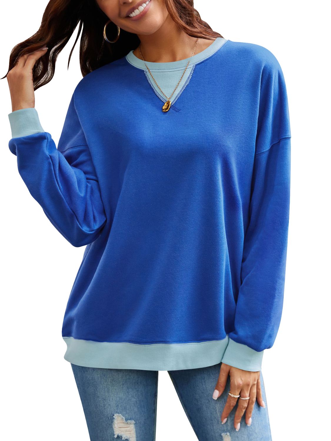 Vintage Vibes Contrast Round Neck Long Sleeve Top