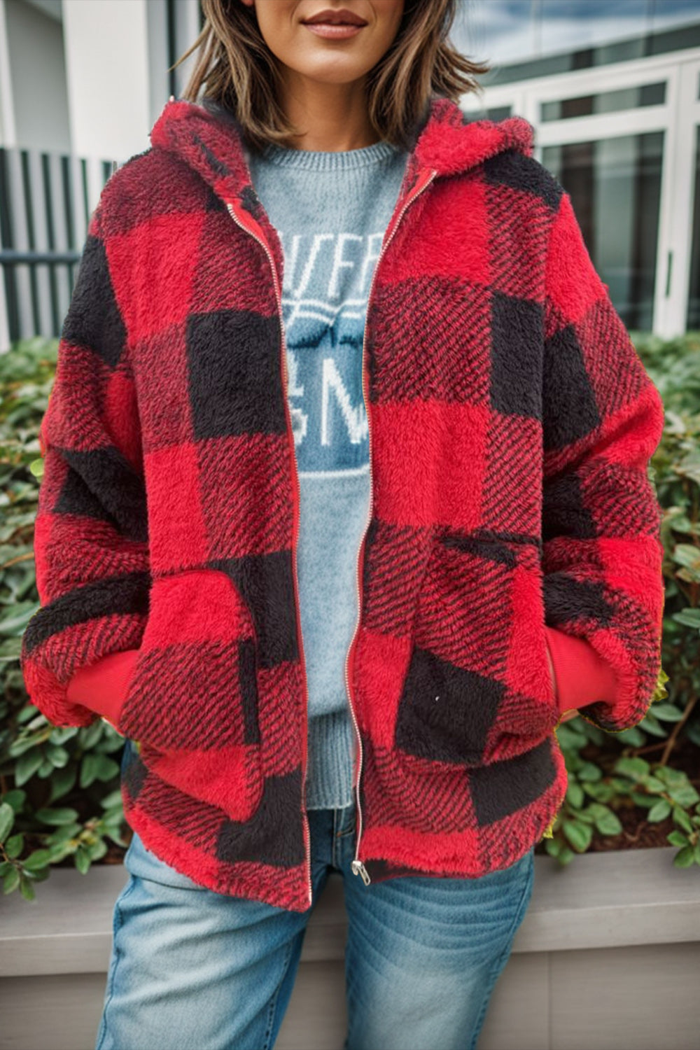 Cozy Plaid Long Sleeve Hooded Coat