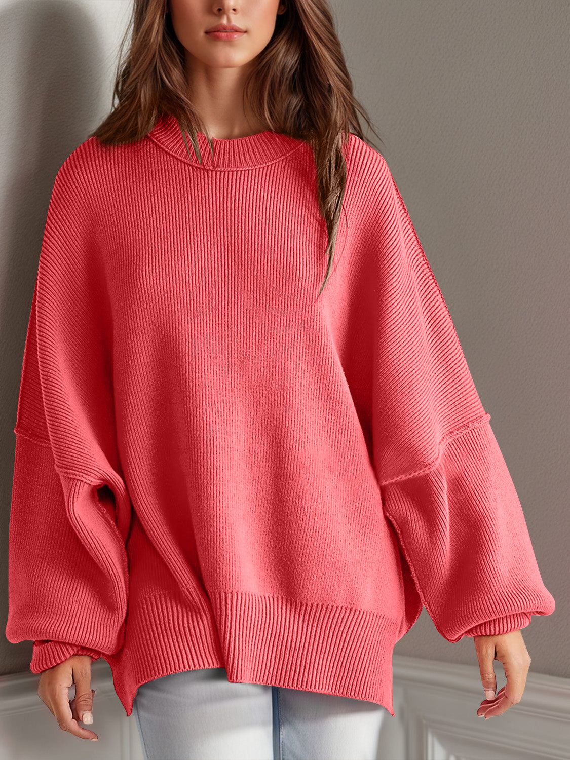 Double Take Side Slit Long Sleeve Sweater