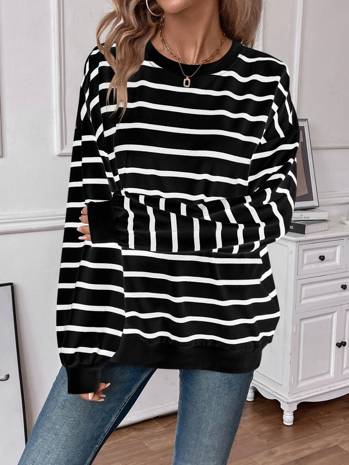 Elevated Everyday Striped Round Neck Long Sleeve Top