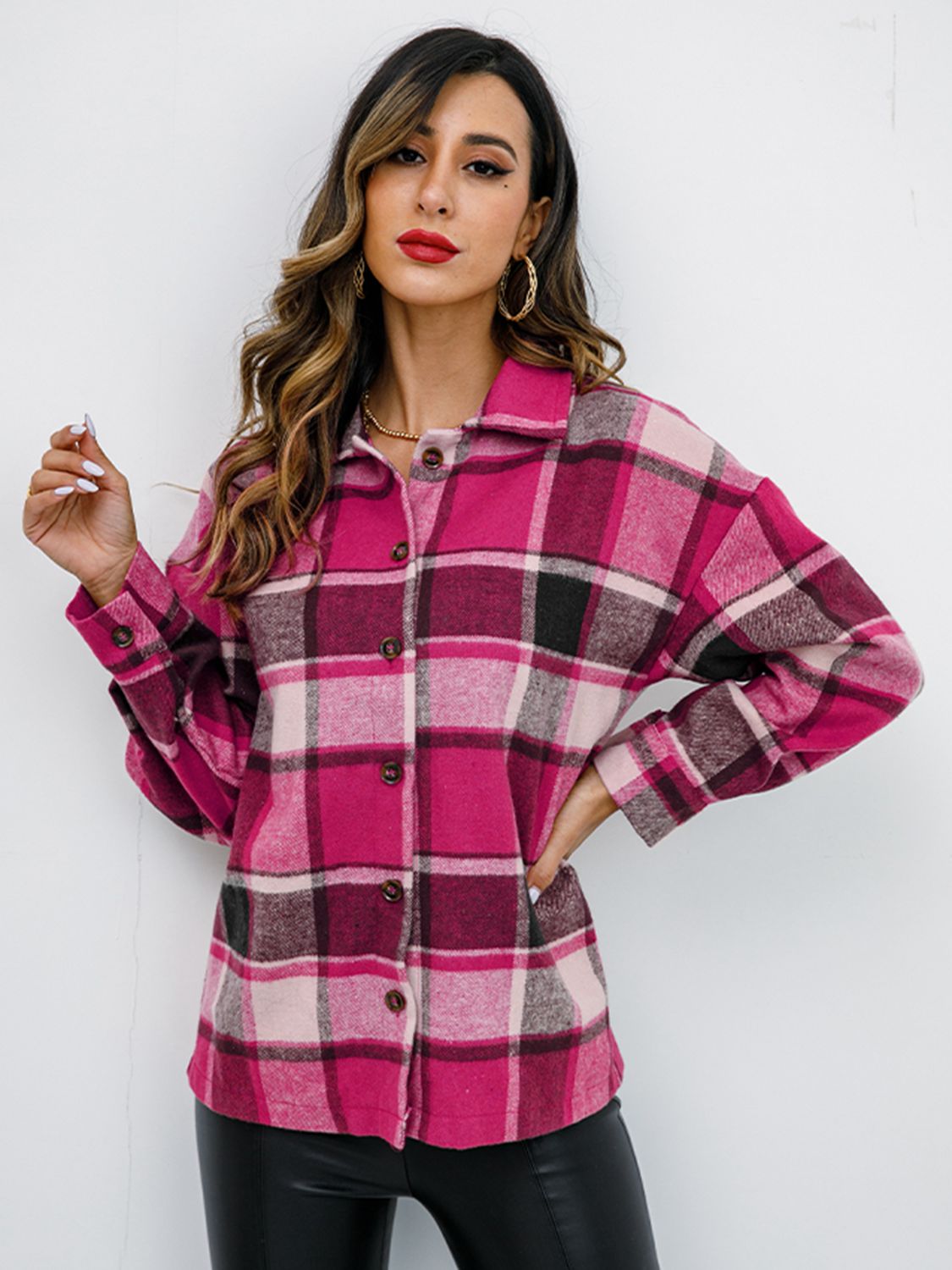 Fall in Bloom Plaid Button Up Collared Neck Shacket